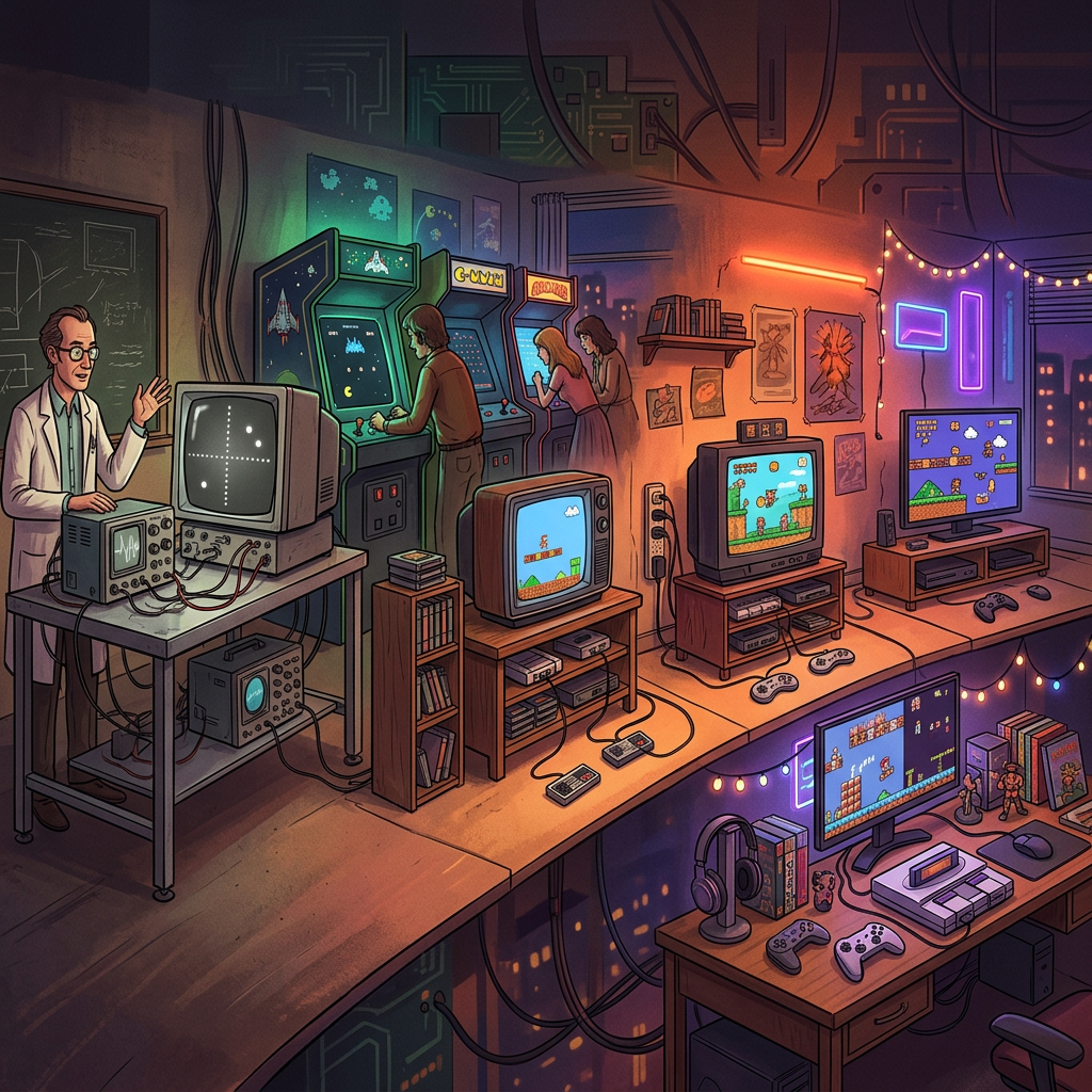 Retro gaming room with arcade machines, vintage computers, consoles, and players