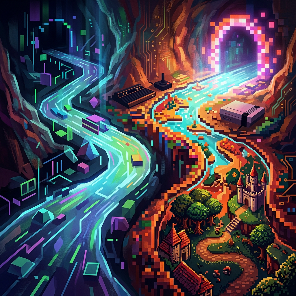 Pixel-art scene combining a neon city and medieval fantasy landscape