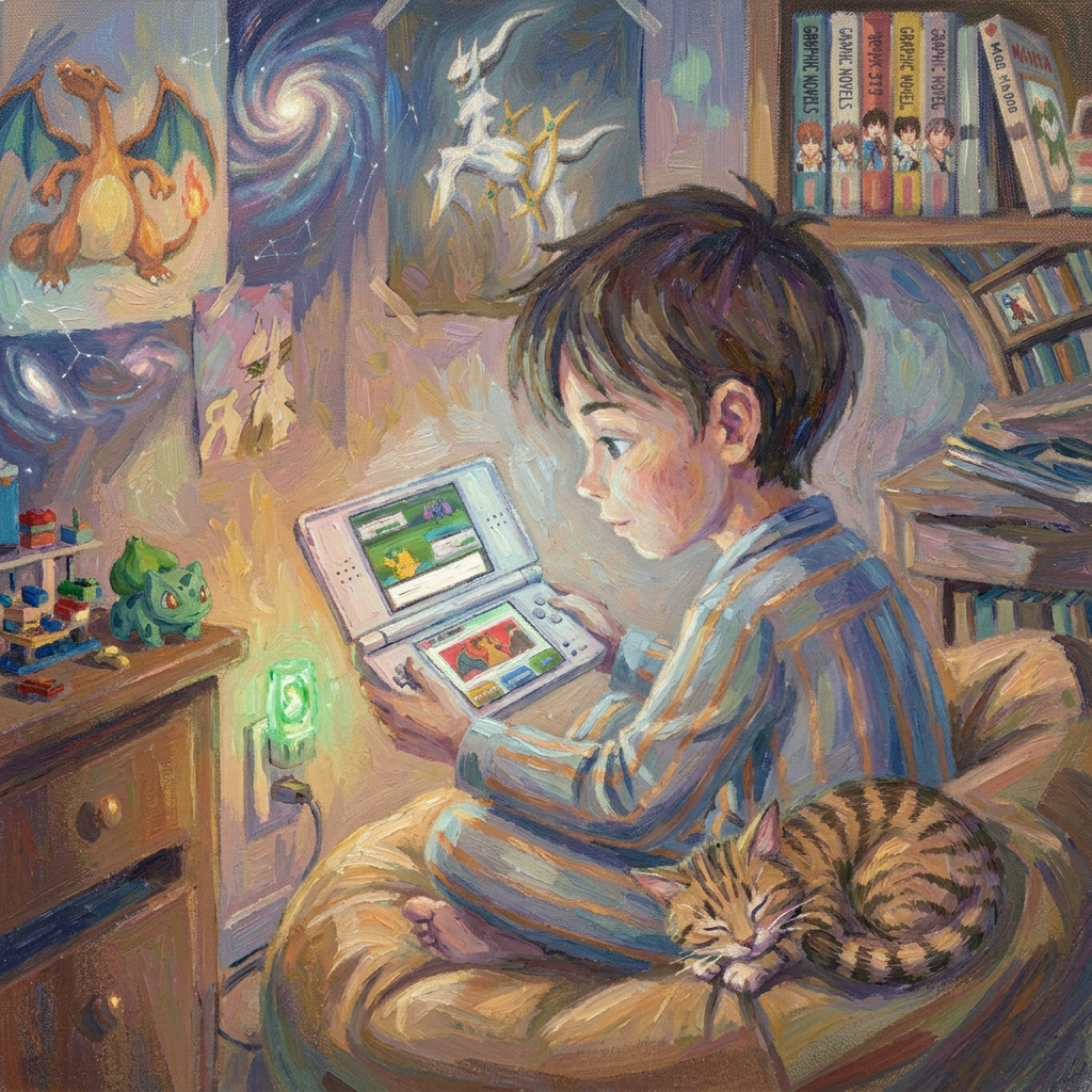 Child playing a handheld game in a Pokémon-themed bedroom